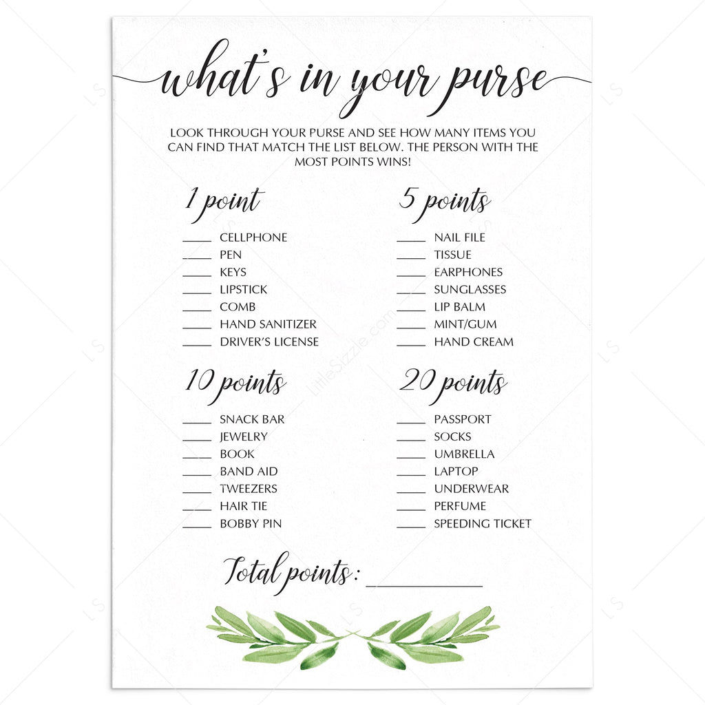 Greenery Whats In Your Purse Bridal Shower Game Printable Littlesizzle 9677