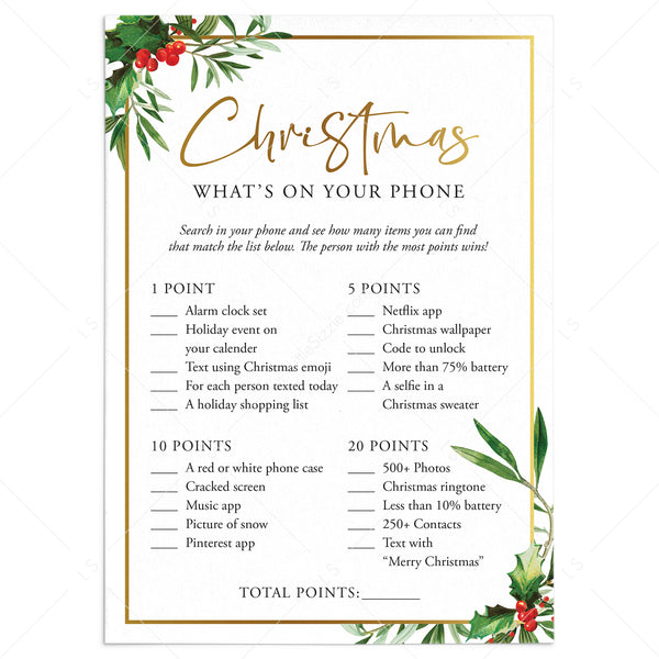 Christmas Phone Game Printable | Gold & Greenery Christmas Party ...