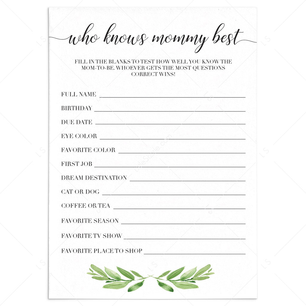 Who Knows Mommy Best Baby Shower Game Printable Instant Download