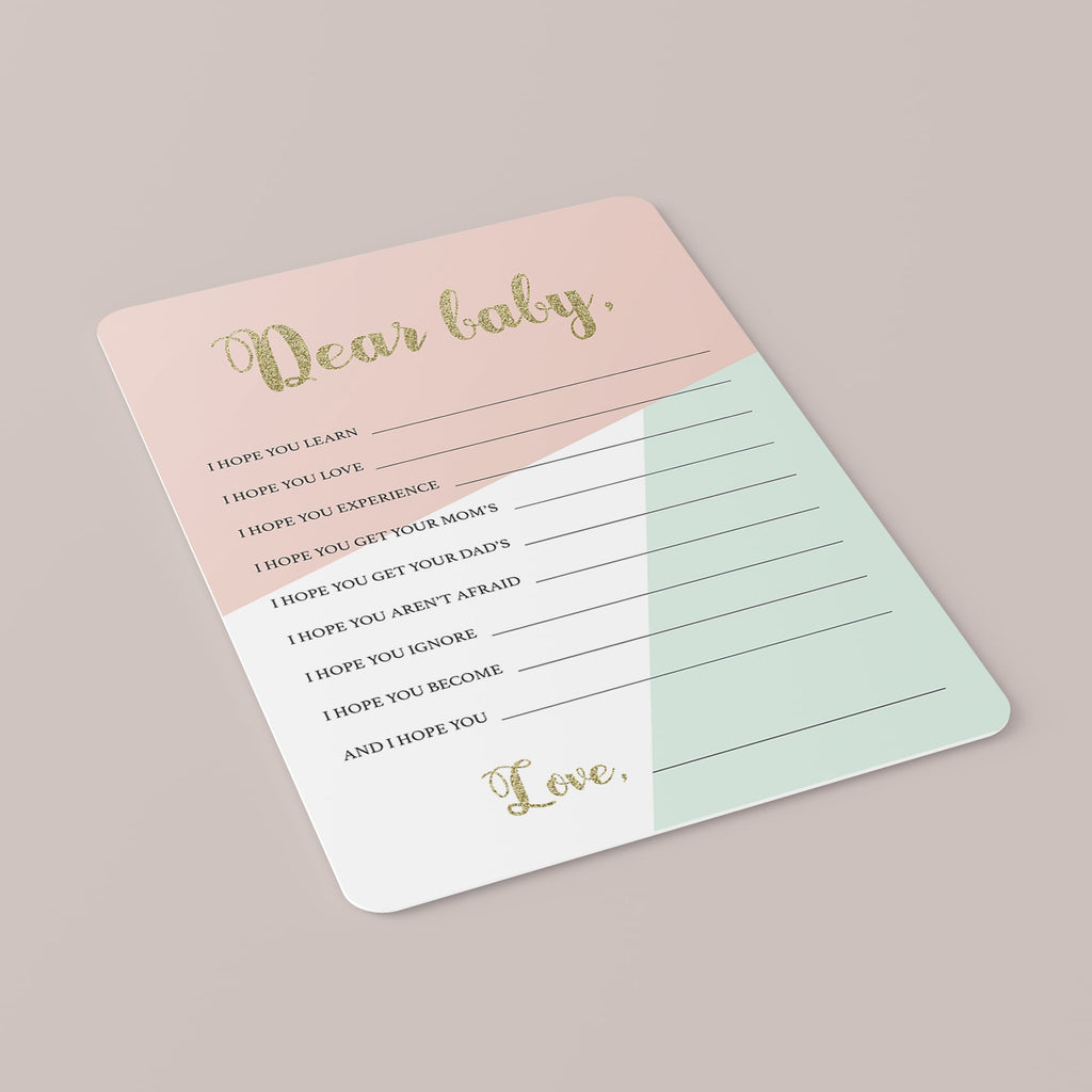 Printable wishes for baby cards for pink, mint and gold baby shower ...