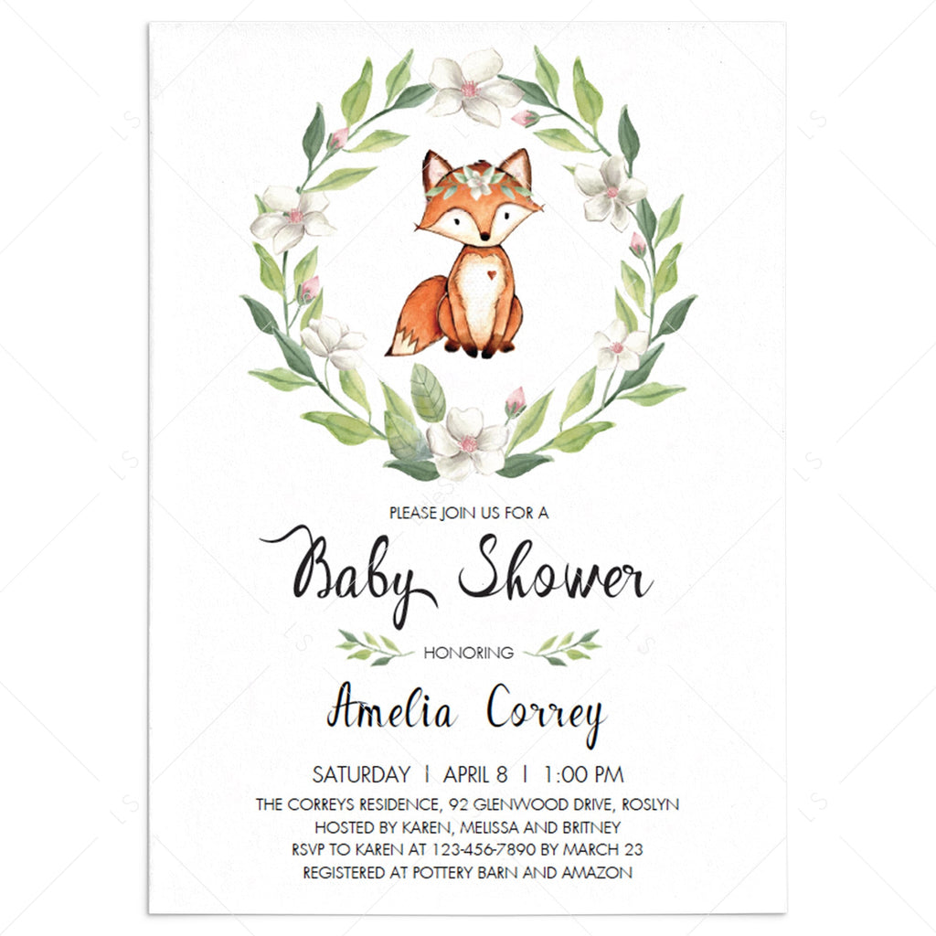 Fox Baby Shower Invitation Template With Green Wreath Instant