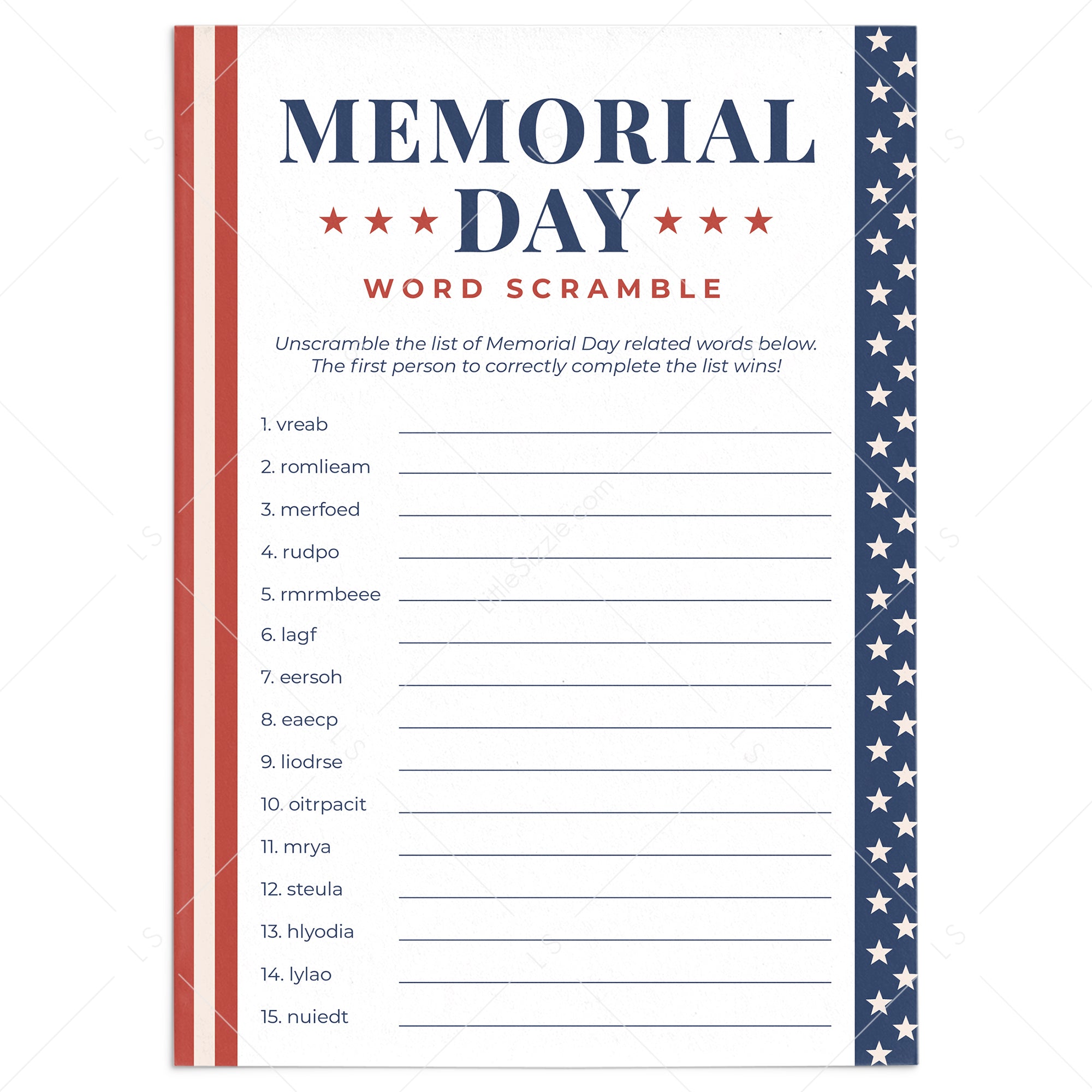 memorial day word scramble with answers printable instant download littlesizzle