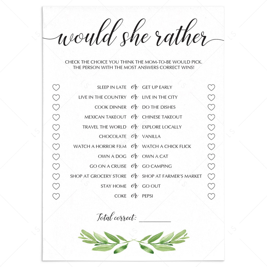 Greenery baby shower game Would She Rather printable | Instant download ...