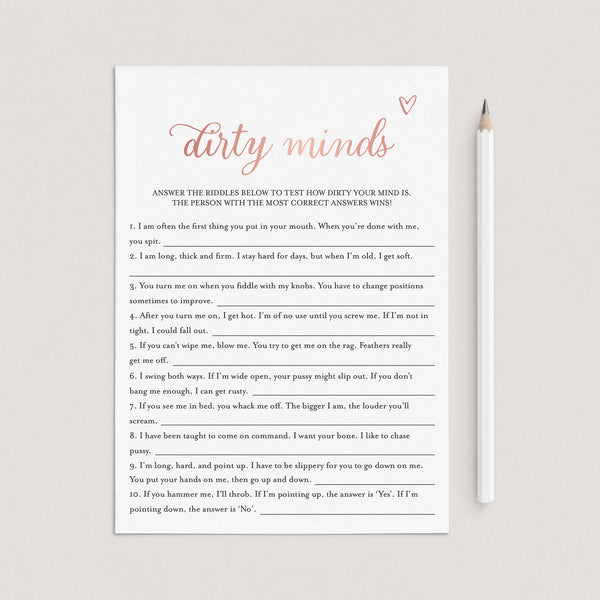 Dirty Minds Bachelorette Game Rose Gold Printable | Answers Included ...