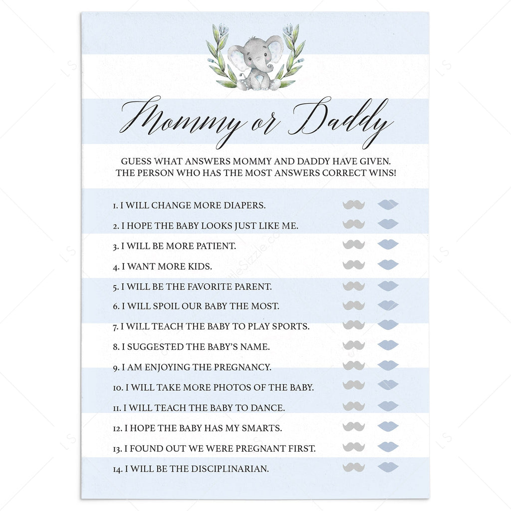 Elephant Baby Shower Mommy Or Daddy Quiz Template Instant Download Littlesizzle