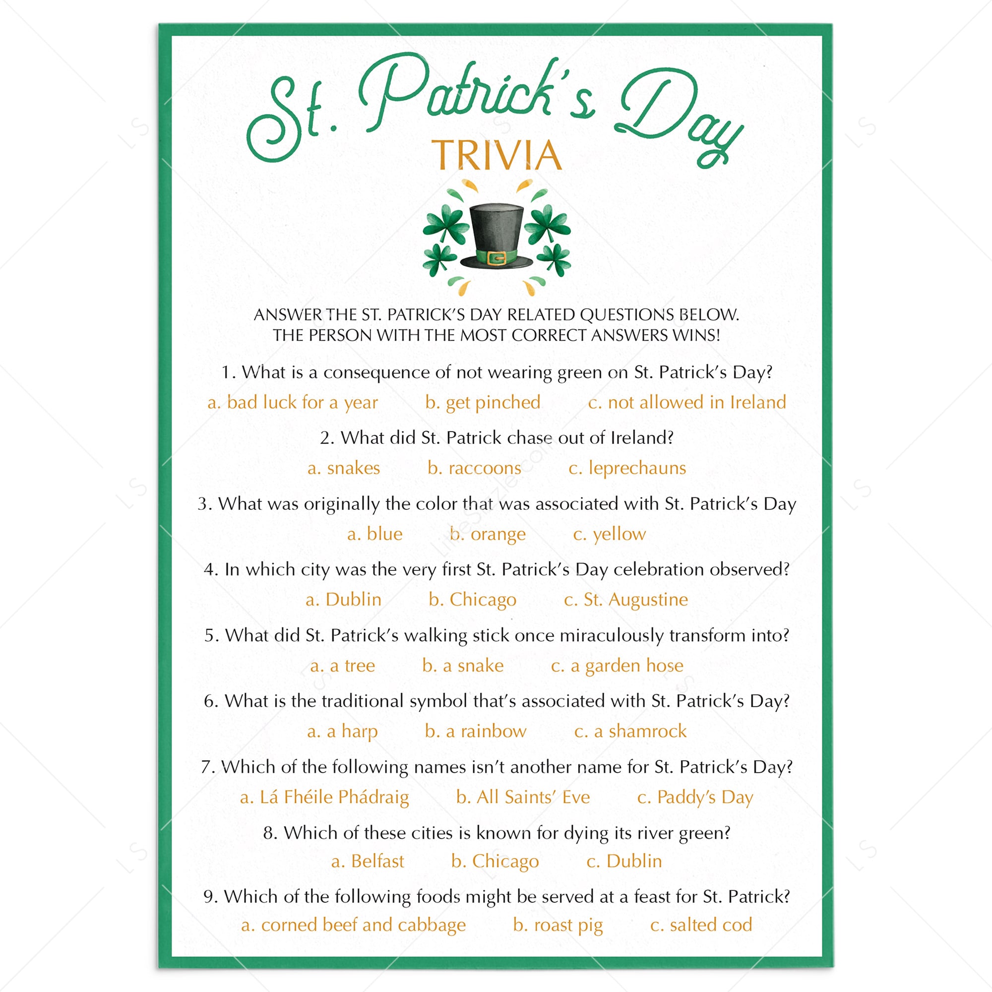 St Patrick S Day Trivia Printable Virtual Quiz Templates Download Littlesizzle