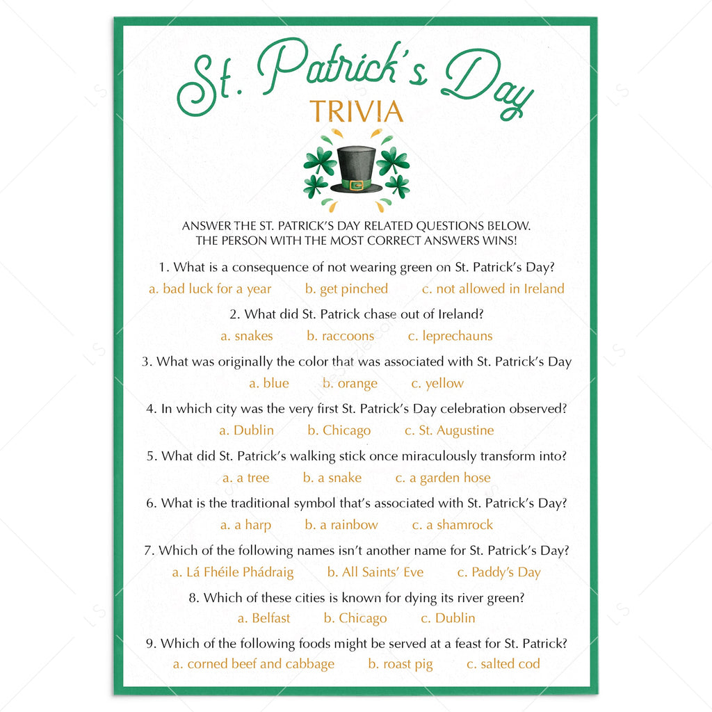 St Patrick s Day Virtual Trivia Game Party Favors Games Paper Party 