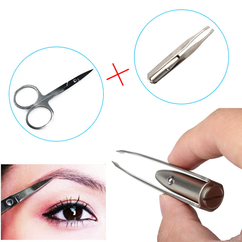 Beauty Curved Edge Eyebrow Hair Scissor Steel Cutter + LED Light Tweezer Make Up Tool Hot Sale