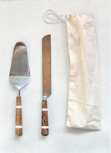 11-3/4"L Stainless Steel Cake Knife & Server w/ Wood & Horn Inlay Handle, Set of 2 in Drawstring Bag