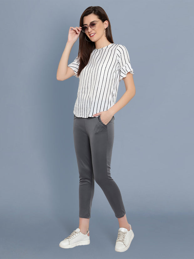 Polyester Gray MARTINI Women Grey Elastic Hem Side Stripe Pant