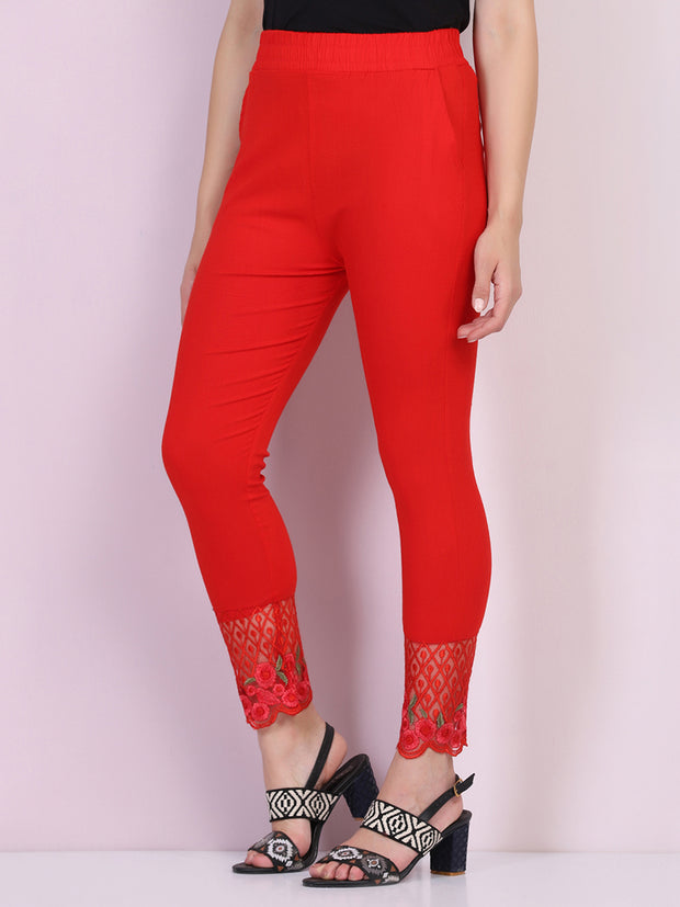 White Cotton Stretch Legging with Lace Detail-2652