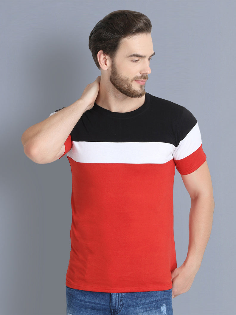 Red White Black Color Block Cotton Men T-Shirt-2346