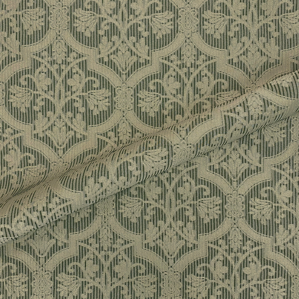 E606 Striped Brown, Green And Gold Damask Upholstery Fabric By The