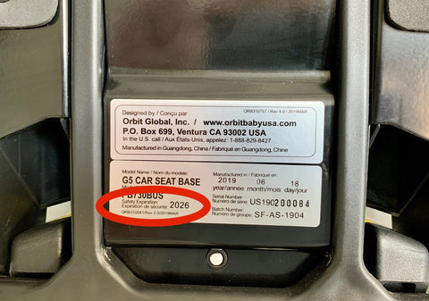 Close-up of a label on a car seat indicating the location of the car seat expiry date.