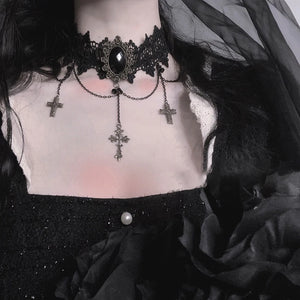 Gothic Victorian Goth Adjustable Lace Cross Choker Necklace - ROCK 'N DOLL