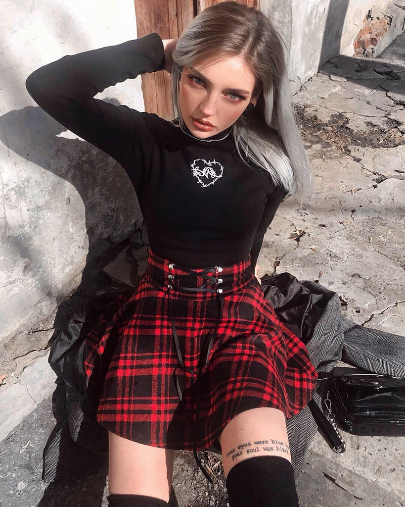 Gothic Harajuku Red Black Lace Up Plaid Skirt – ROCK 'N DOLL