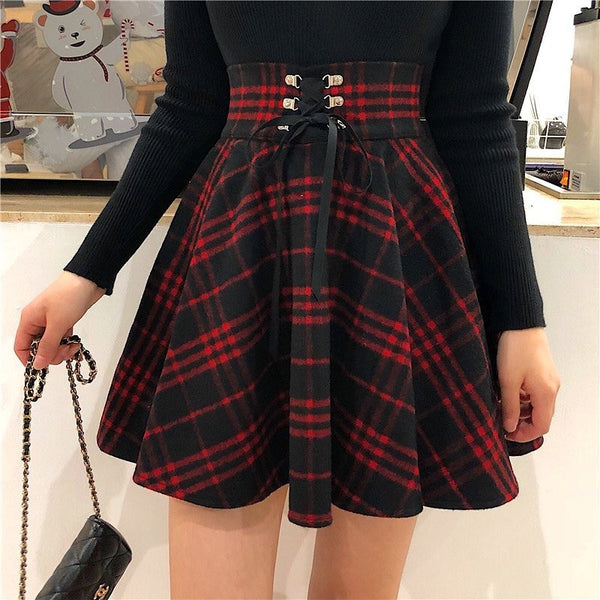 Gothic Harajuku Red Black Lace Up Plaid Skirt Rock N Doll