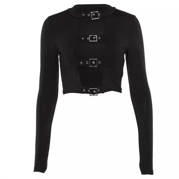 Gothic Buckle Hollow Out Front Long Sleeve Crop Top – ROCK 'N DOLL