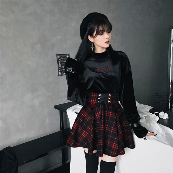 Gothic Harajuku Red Black Lace Up Plaid Skirt – ROCK 'N DOLL