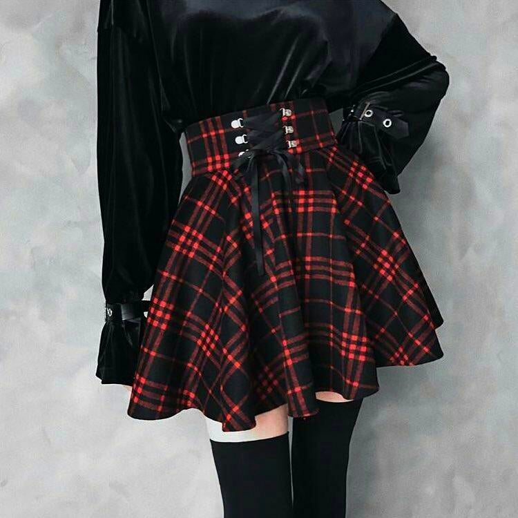 Gothic Harajuku Red  Black  Lace Up Plaid Skirt  ROCK N DOLL
