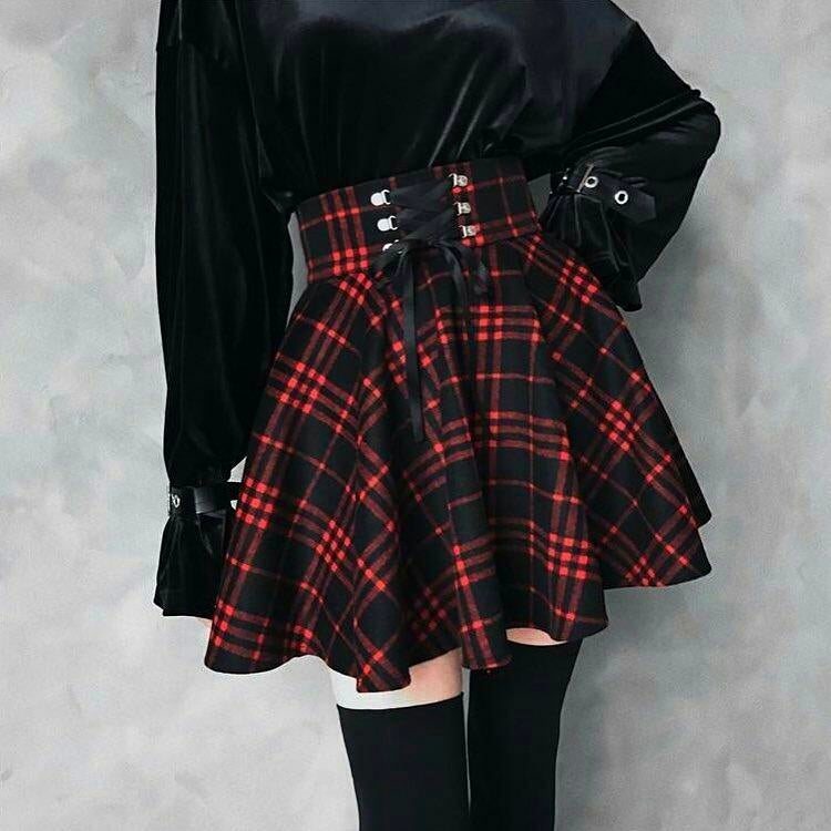 Gothic Harajuku Red Black Lace Up Plaid Skirt – ROCK 'N DOLL