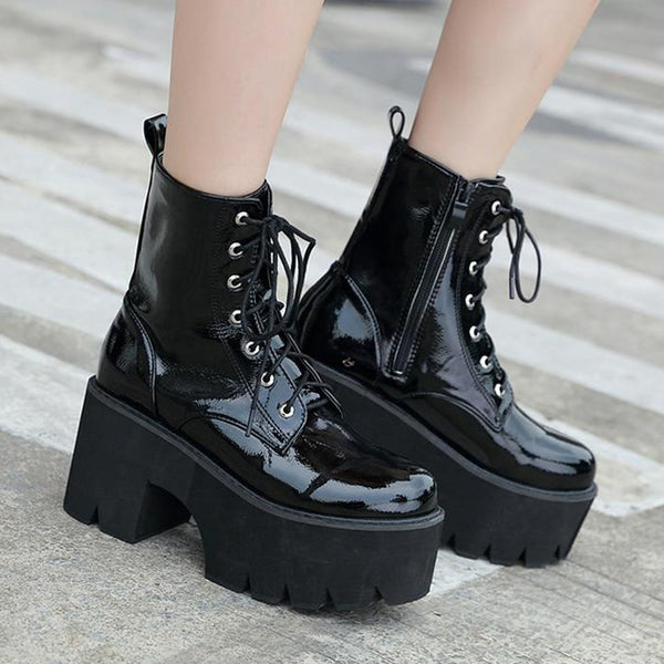 Gothic Lace Up Patent Leather Platform Boots ROCK N DOLL