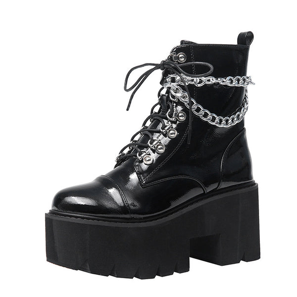 Gothic Patent Leather Wrap Around Chains Platform Boots – ROCK 'N DOLL