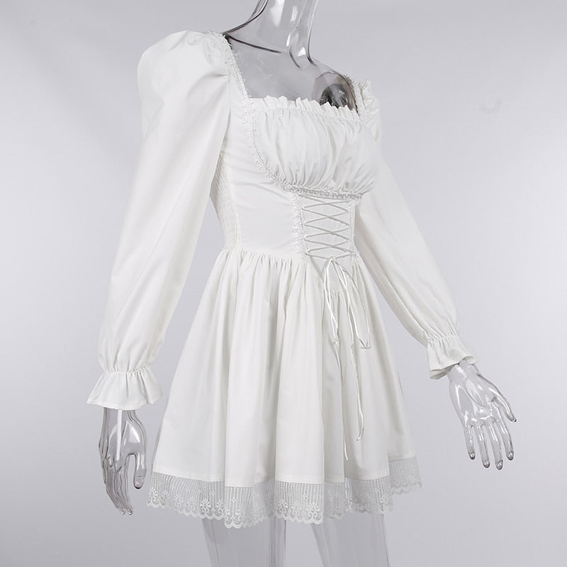 Gothic Vintage Corset Waist Lace Trim Long Sleeve Mini Dress (availabl ...