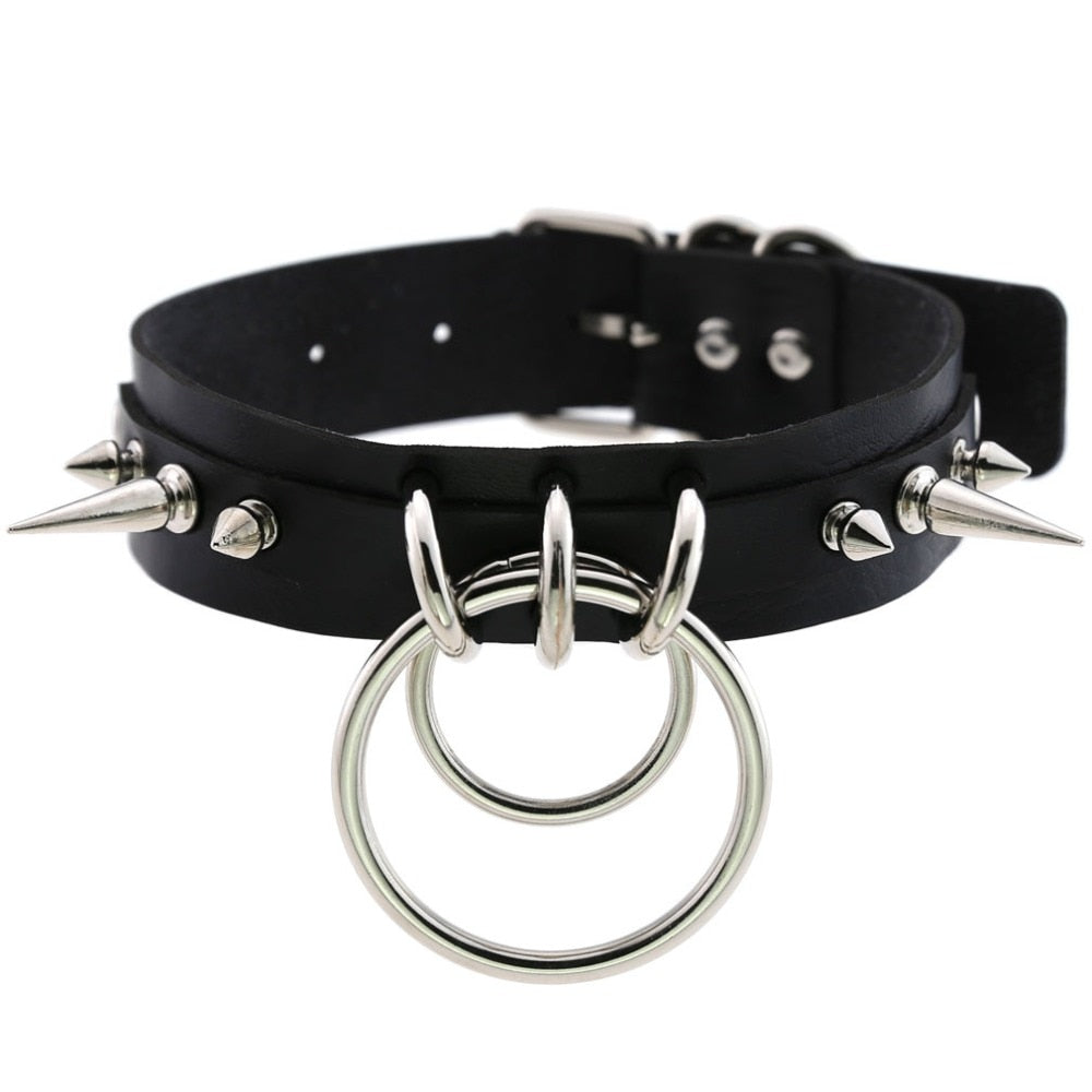 Gothic Double O Ring Spikes Choker Necklace Available In 16 Colors Rock N Doll