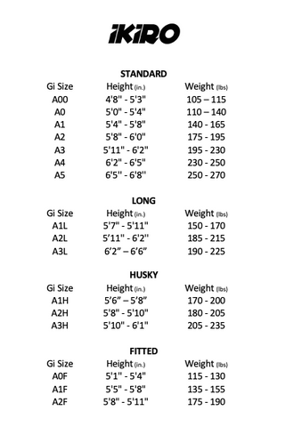 Ikiro Gi Size Chart