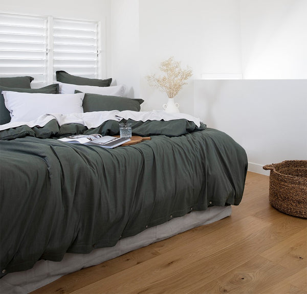 Olive green, gumnut green bedding bamboo bedding Loom Living organic bedlinen
