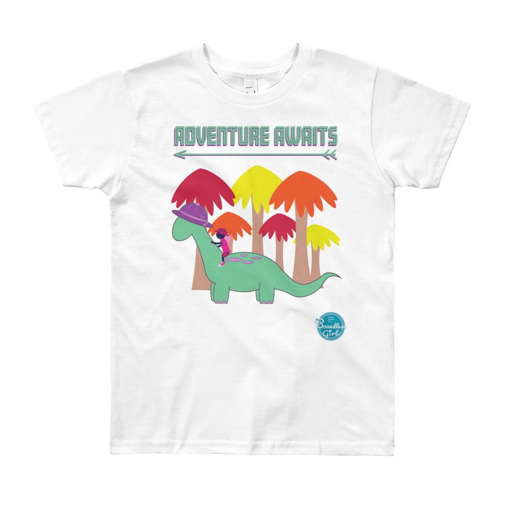 A Girl And Her Dino Adventure Awaits Kids T Shirt Classic Fit Boundless Girl