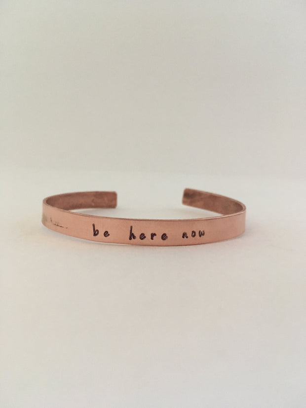 be here now hand stamped recycled copper mantra bracelet ram das