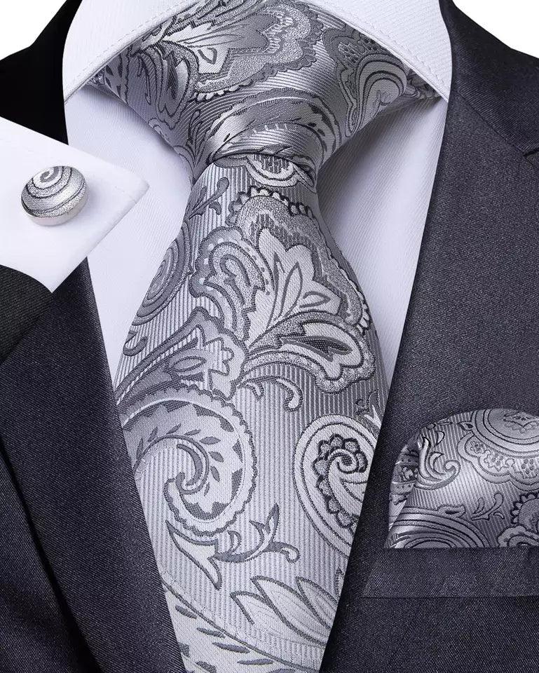 Men's Grey Paisley Silk Vest Necktie Pocket square Cufflinks - 3XL