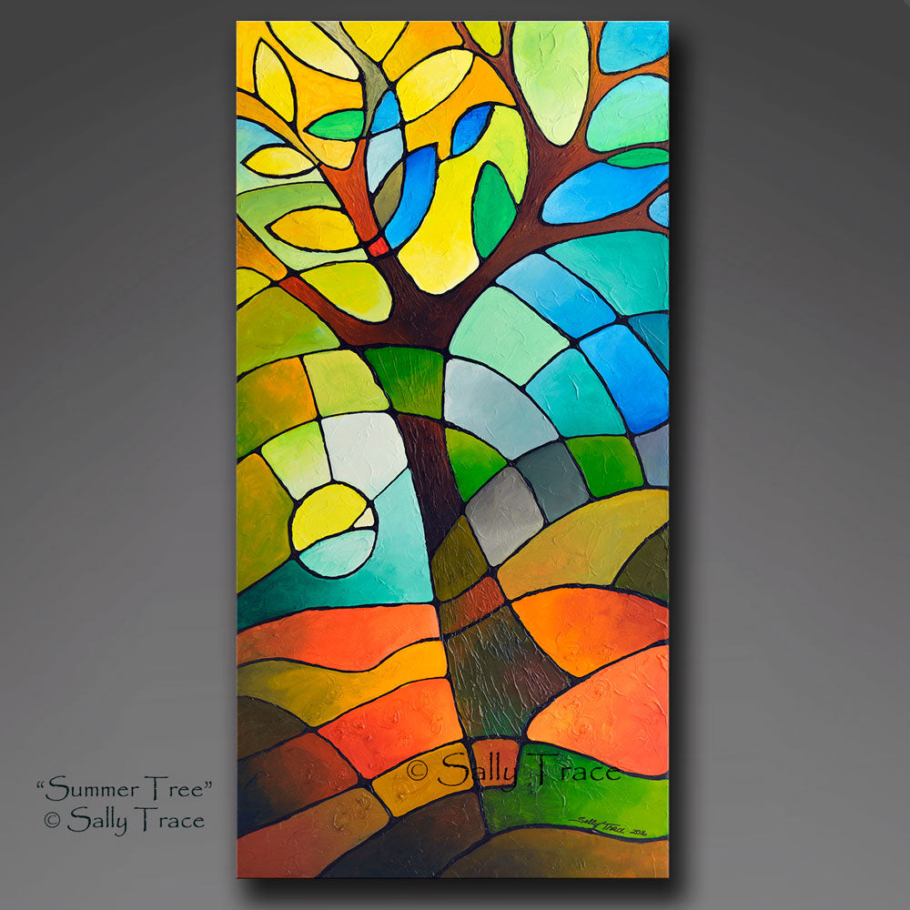 Summer Tree original textured geometric painting by Sally Trace