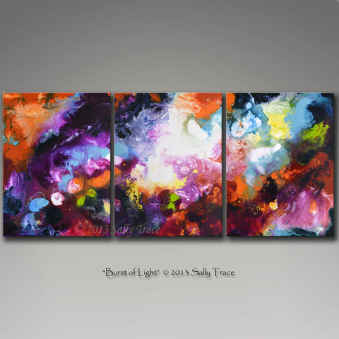 Burst of Light, triptych abstract fluid art painting by Sally Trace