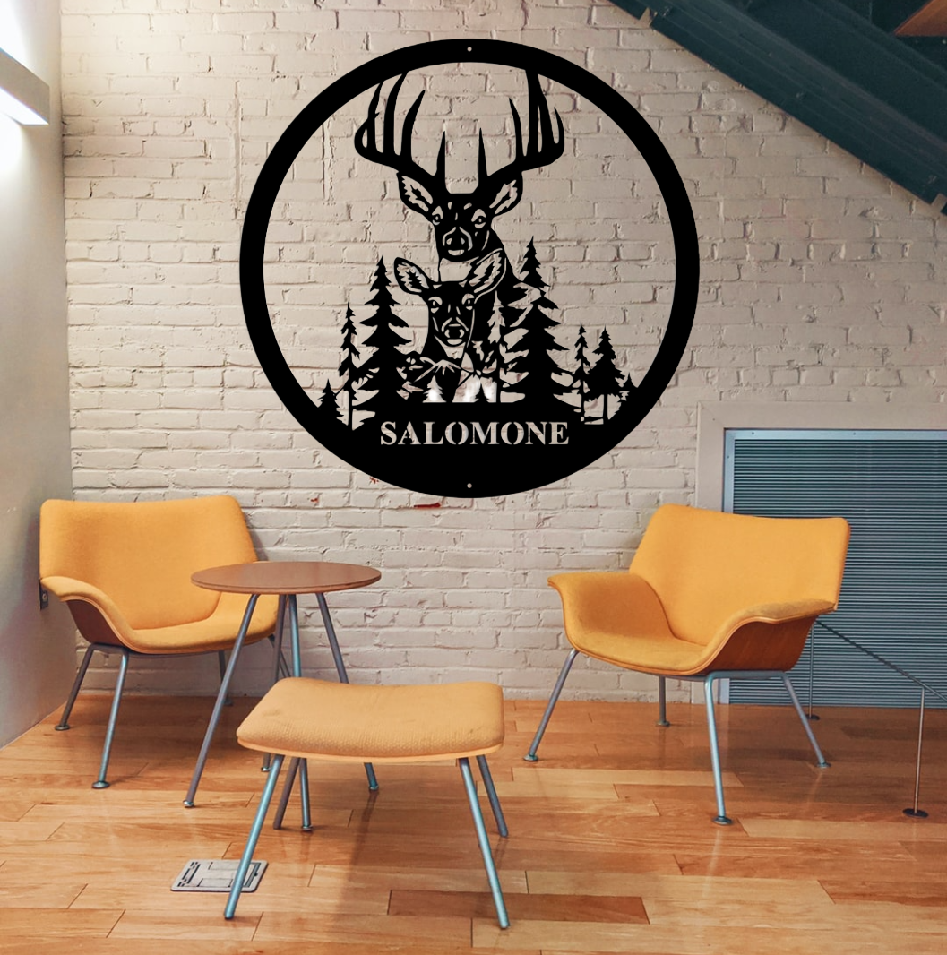 Round Deer Scene with Name Metal Wall Art