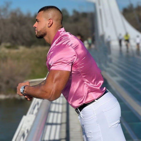 How to style mens pink satin shirt