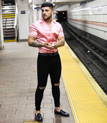 Mens Pink Satin Shirt With Black Skinny Fit Jeans
