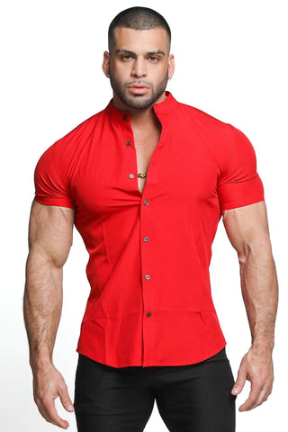 Mens Red Muscle Fit Collarless Dress Shirt