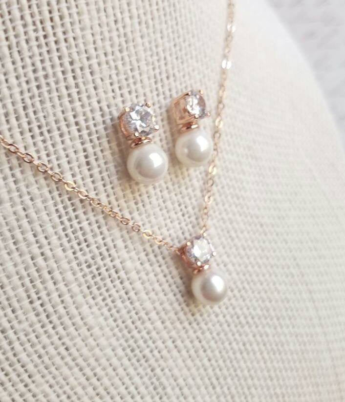 Rose Gold Jewelry Set, Pearl Jewelry 