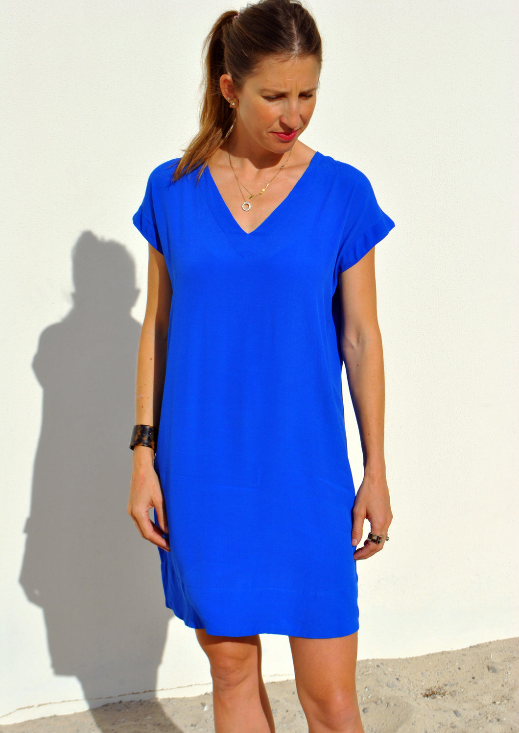 electric blue shift dress