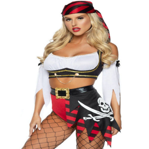 4 PC Wicked Pirate Wench Costume Pirate Wench Gypsy Tri-Lace Pleather Microsuede Bodice w/Boning Complete Outfit Renaissance Medieval