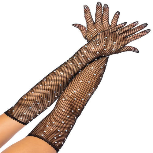 Bling Ring Rhinestone Fishnet Gloves