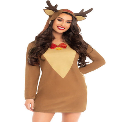 Reindeer long sleeve t-shirt dress with antler hood.
