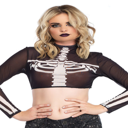 Skeleton High Neck Long Sleeve Mesh Crop Top