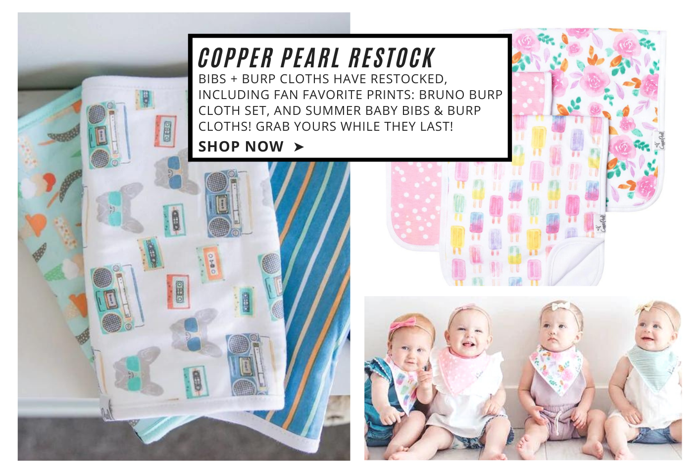 copper pearl bib and burp cloth restock