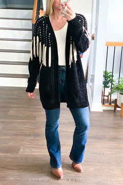 Chenille Open Front Cardigan With Tassel Detail - Black