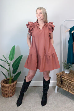 V-Neck Ruffle Sleeve Mini Dress - Cinnamon