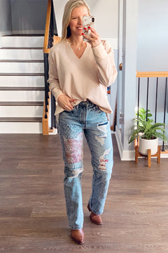 KanCan High Rise 90s Boyfriend Jeans With Patchwork